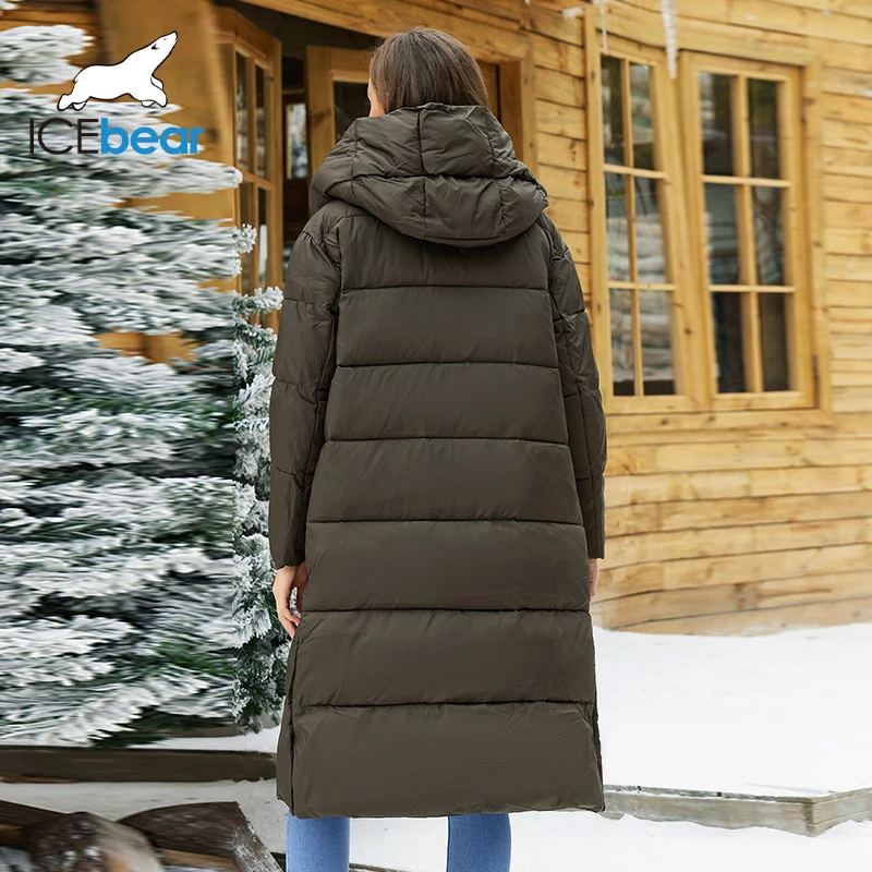 ICEbear Winter Down Jacket Women Long Classic zipper Belt Design Pocket Hooded Slim Parkas Female Coat GWD4689P