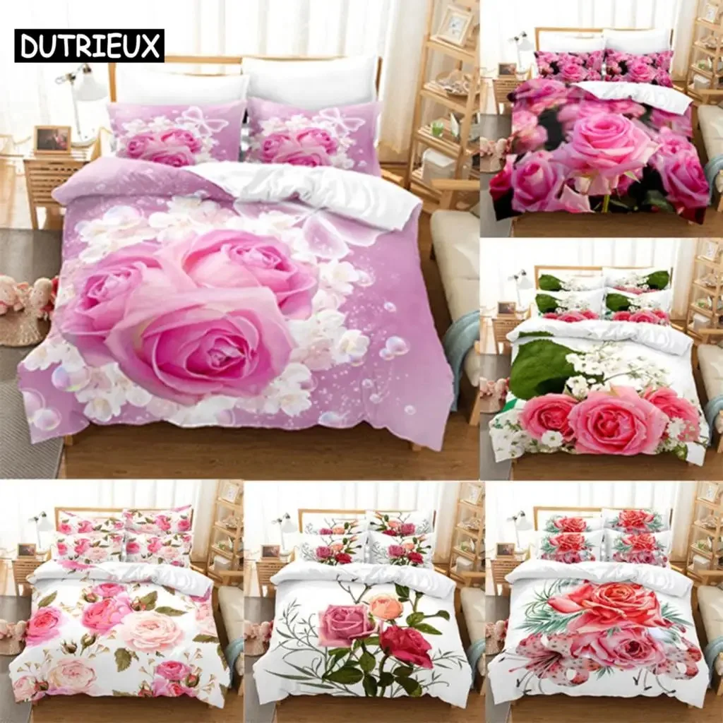 

Pink Rose Bedding Set Linens Quilt Duvet Cover Comforter 3D Pillow Case Double Full King Queen Twin Single 3PCS 2PCS Home Texile