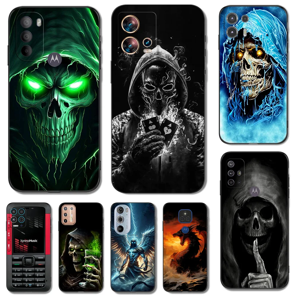 Black Tpu Case For Motorola Moto G13 G23 G53 G73 E13 E22 E22I Phone Cover Cool Skull Skeleton