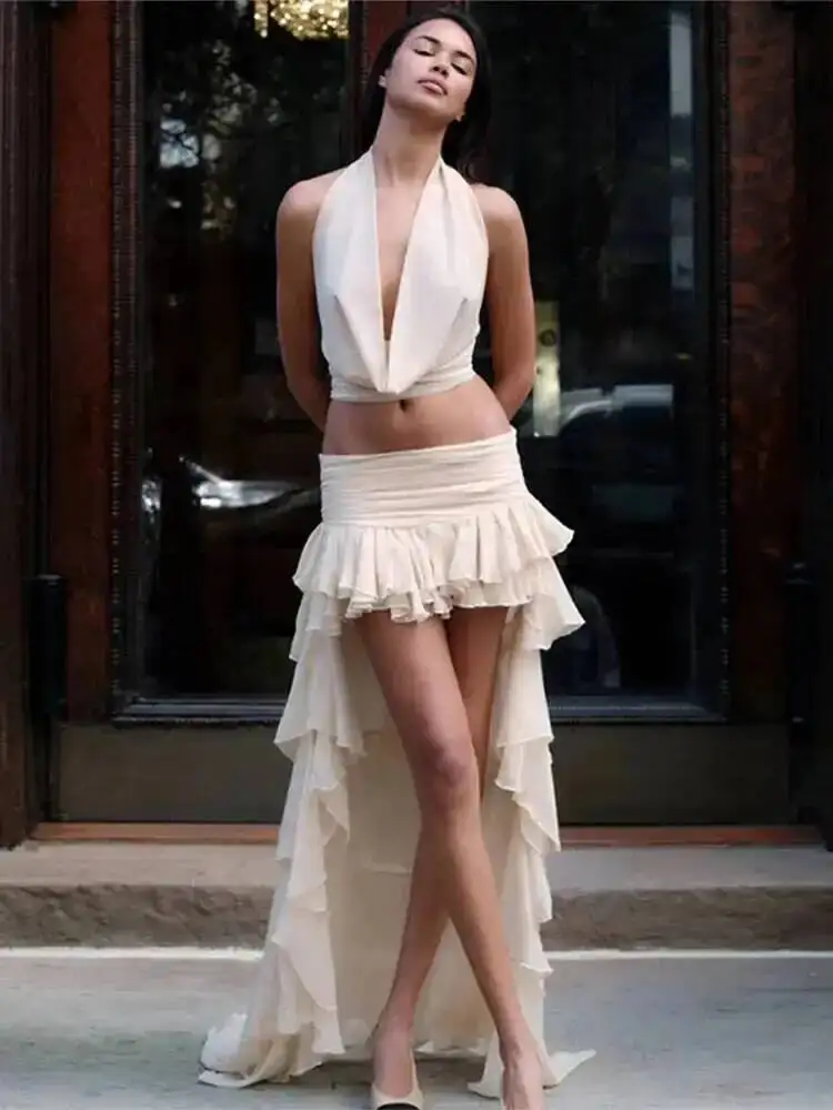 

Юбка с рюшами, топ, женский комплект, сексуальный укороченный топ без рукавов с открытой спиной и лямкой на шее, высокая талия, прямая юбка, костюм, летние женские пляжные комплекты