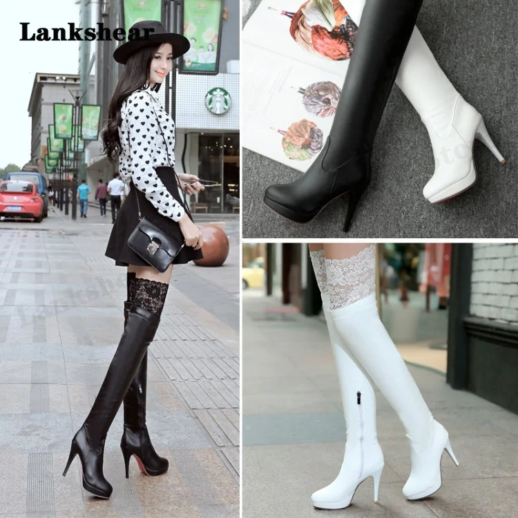 

Autumn and Winter Lace Side Zipper Women's Boots Pointed Toe High-Heeled Knight Boots Skinny Leg Elastic Over-The-Knee Boots