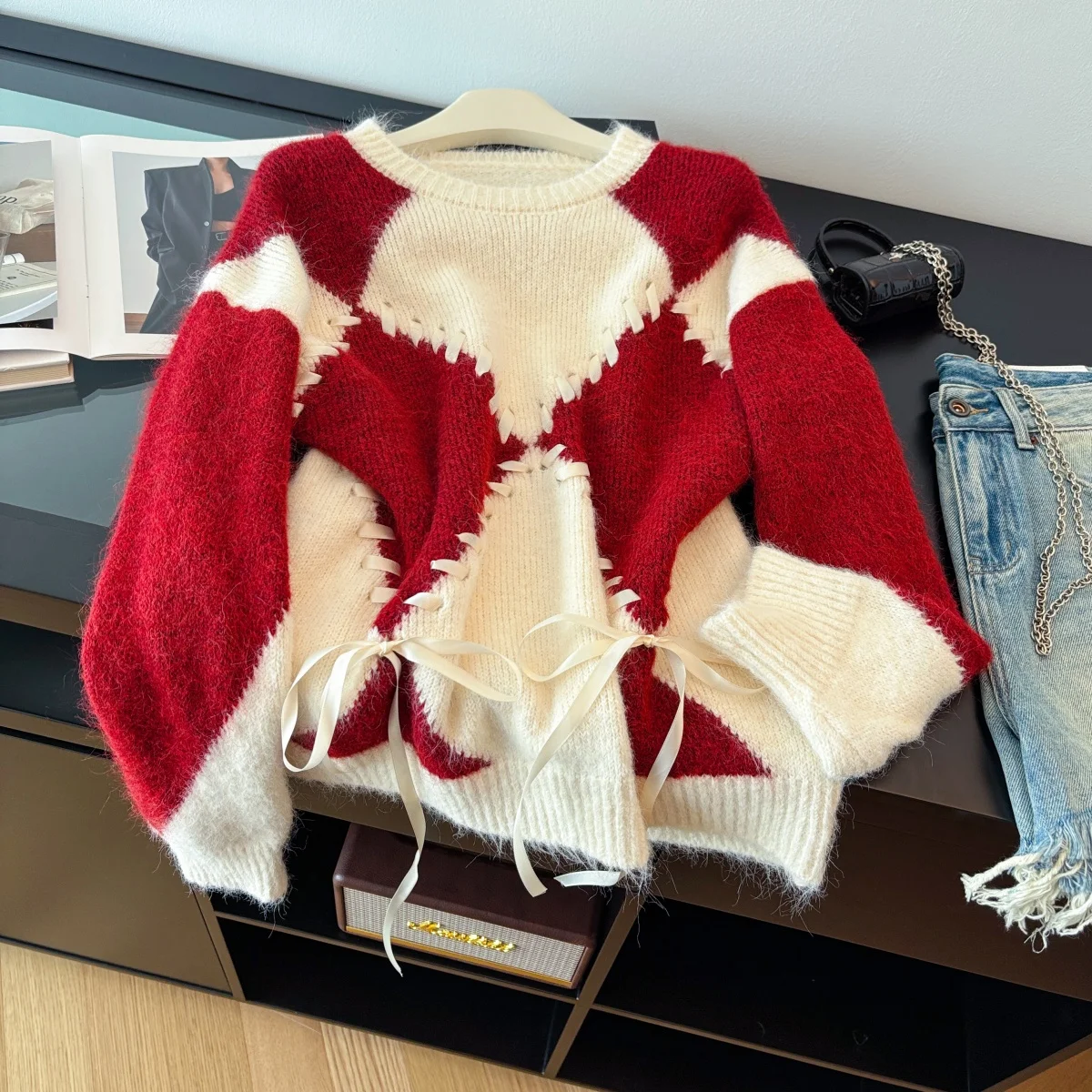 

Women's Patchwork Pullover Christmas Red Sweater Vintage Jumper Knit Long Sleeves O-Neck Cashmere Sweater Winter 2000s Clothes