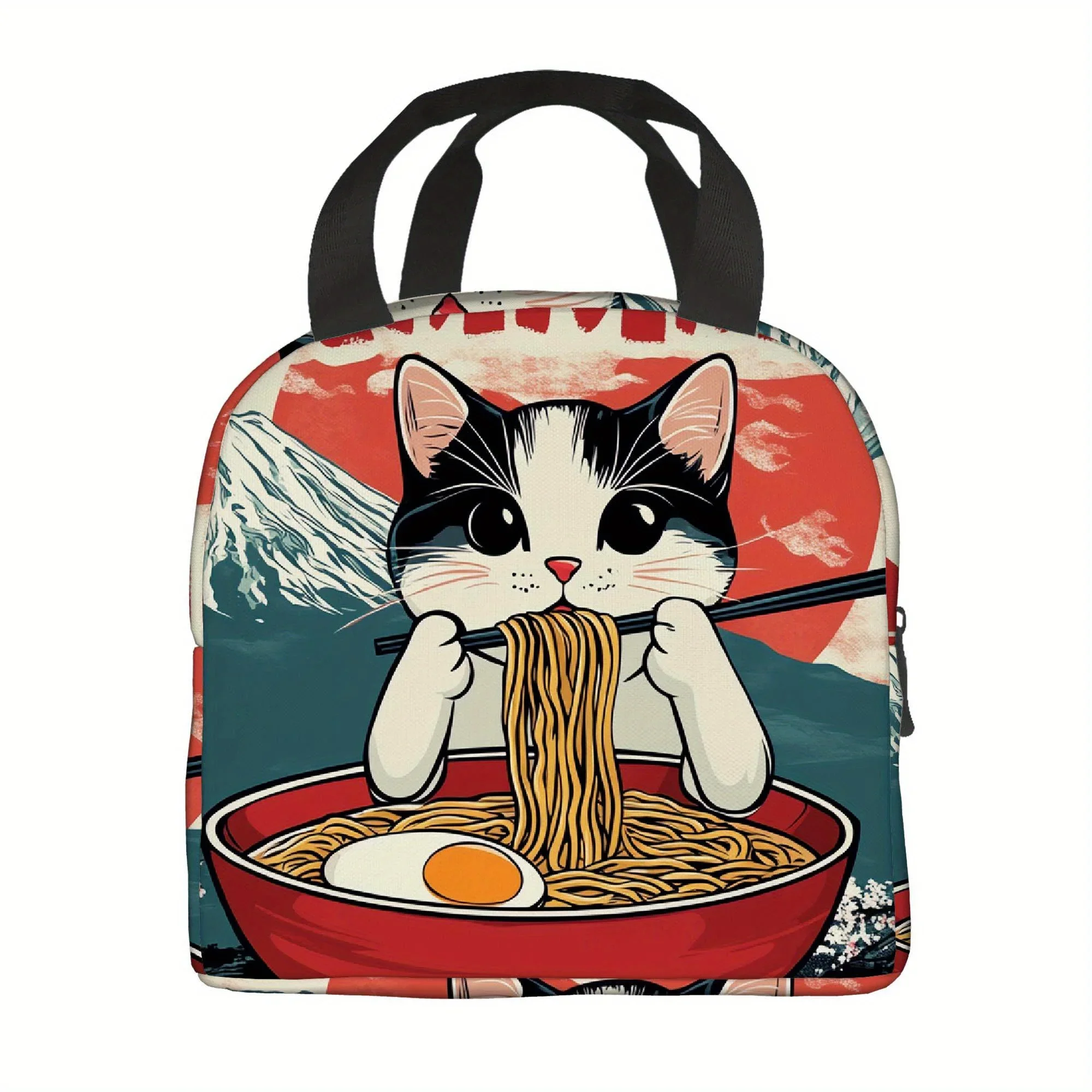 Cat Eating Ramen Noodles with Chopsticks Printed Thermal Lunch Bag Suitable for Home Restaurant Office Unisex