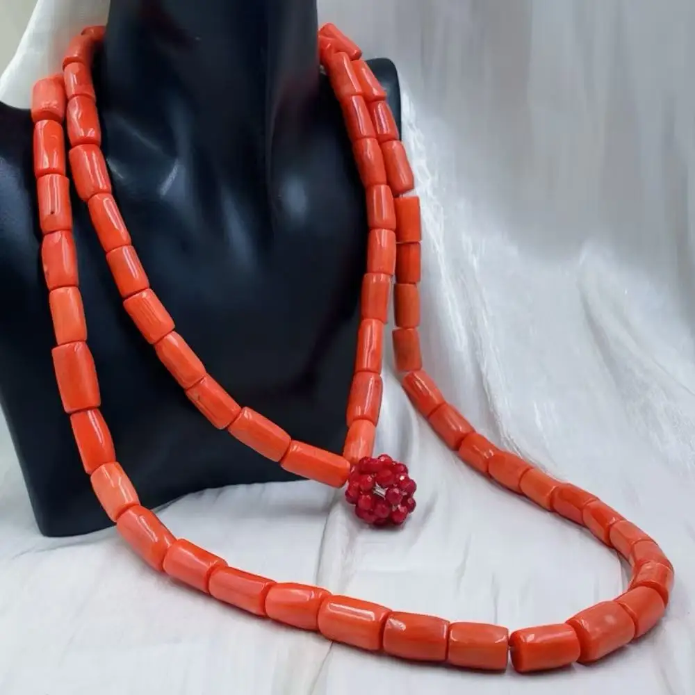 Free Ship 90CM 100CM 12-14mm Vintage Big Drum Natural Sea Bamboo Long Sweater Africa Style Orange Coral Necklace