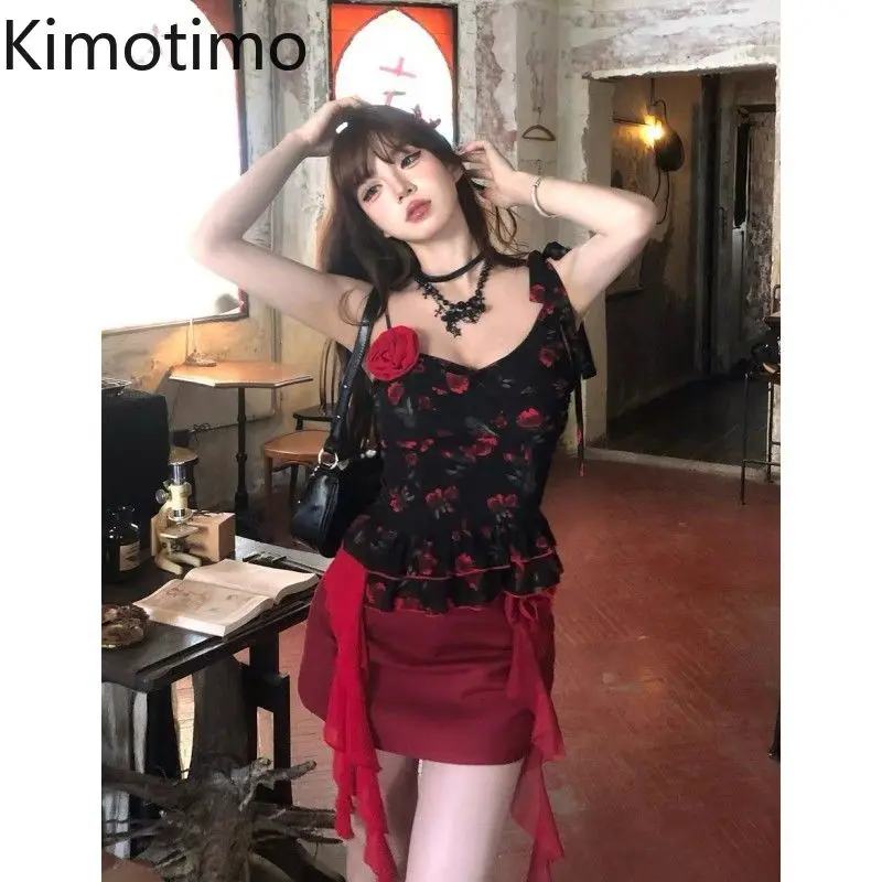 Kimotimo Y2k Retro Skirt Sets Women Sexy Rose Floral Camis Top Irregular High Waist Ruffled Mini Skirts Sweet Slim Party Suits