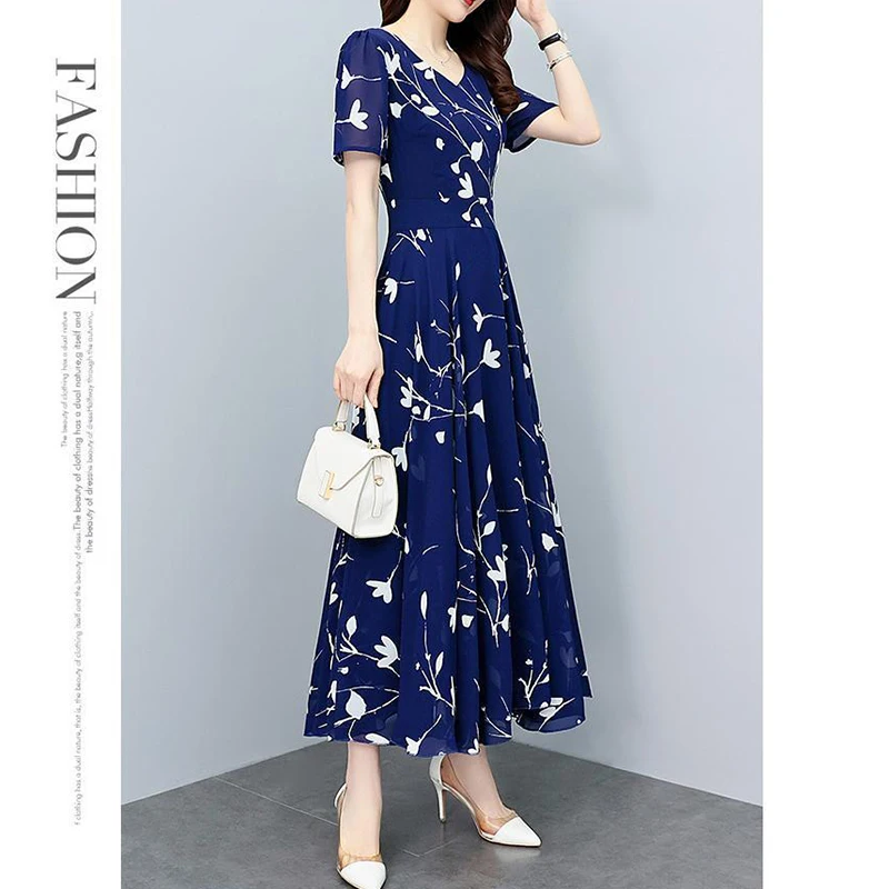 Estate nuova moda elegante Vintage stampa floreale Maxi Robe Femme scollo a v temperamento a-line abiti donna Slim Casual Dress