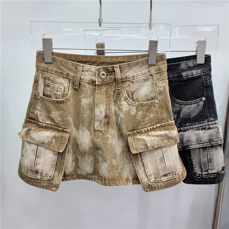 

Retro Tie-dyed Denim Cargo Short Skirt Spicy Girl Y2k 2024 Summer New Design Pocket A-line Wrapped Hip Mini Skirt Streetwear