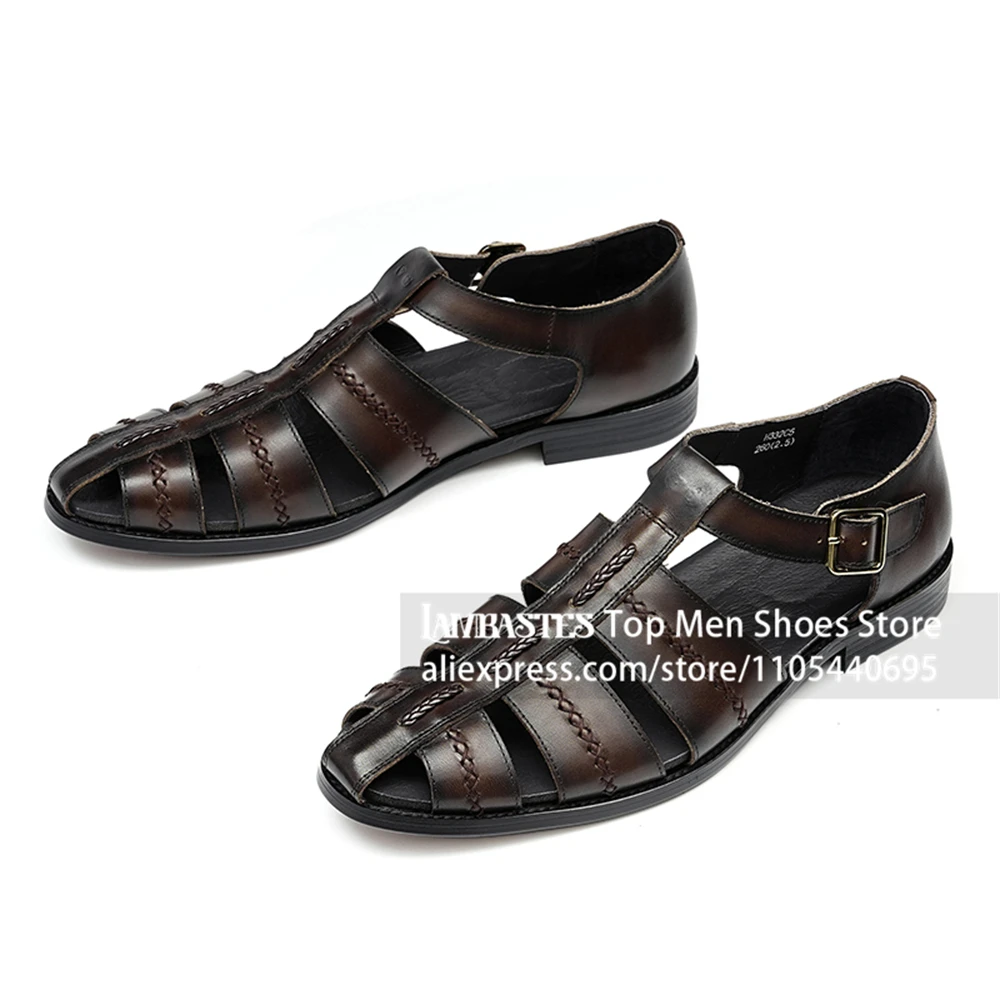 Men's Closed Toe Gladiator Dress Sandals Closed Toe Cage Design Summer Shoes Genuine Burnished Cowhide Leather Men Flat Sandals
