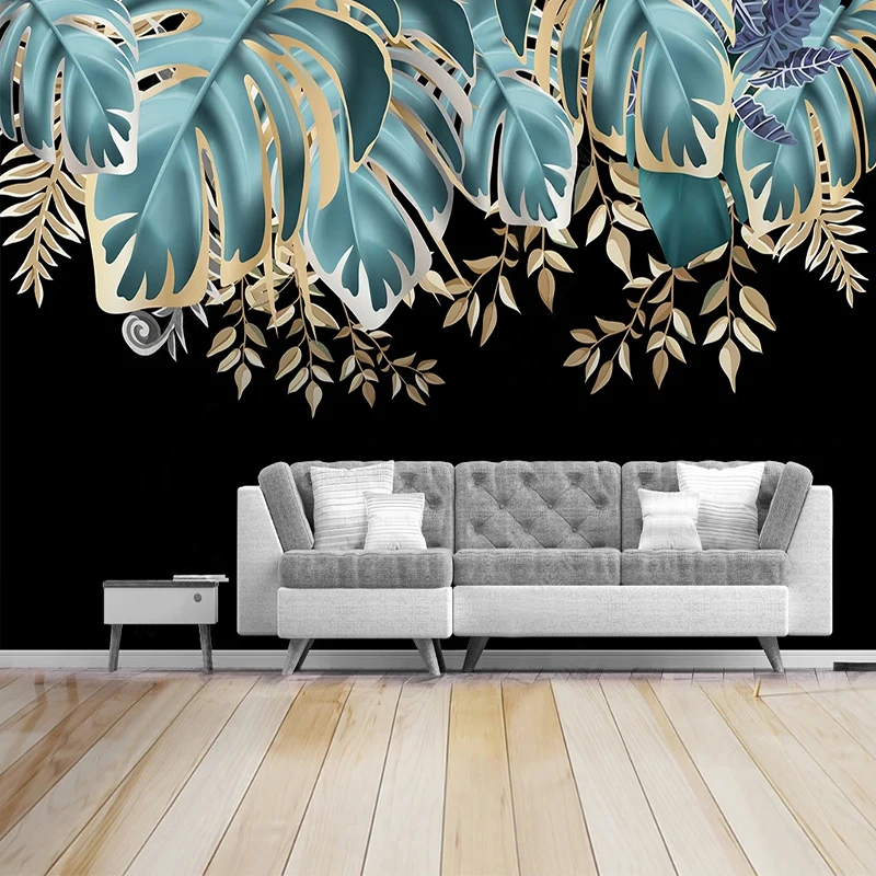 Custom Any Size Wallpaper Modern Nordic Style 3D Golden Tropical Plant Mural Living Room TV Background Wall Decoration Painting