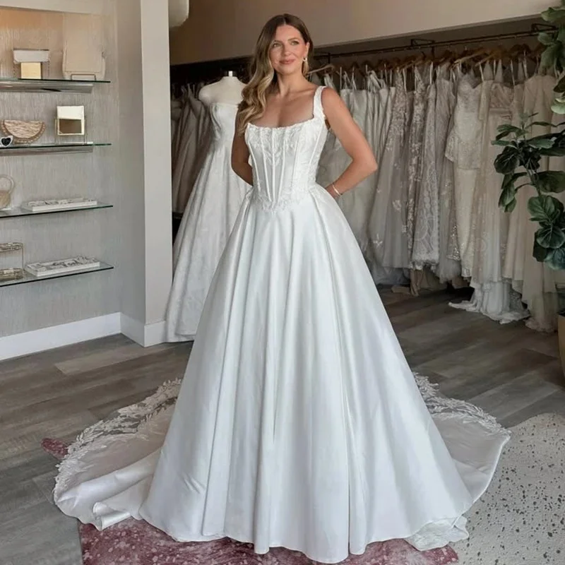 A-line Satin Wedding Dresses Sleeveless Lace Appliques Bridal Dress 2026 Long Bride Gown vestidos de novia Customized