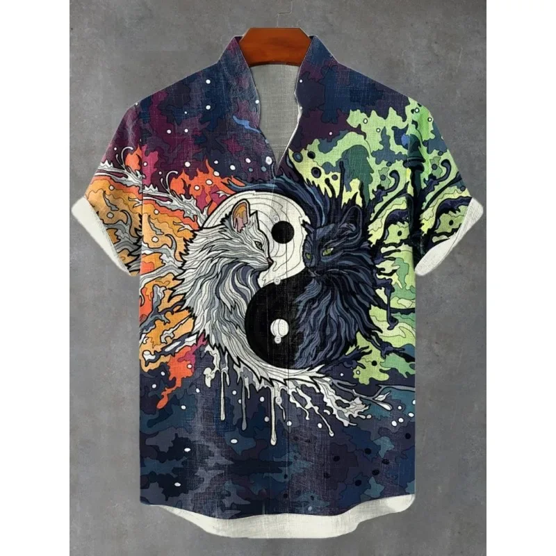 Men's Sun Mythology Art Print Linen Blend Shirt Harajuku Retro Cassette Tape Summer Blouses Stand Collar Hawaiian Shirt Clothing