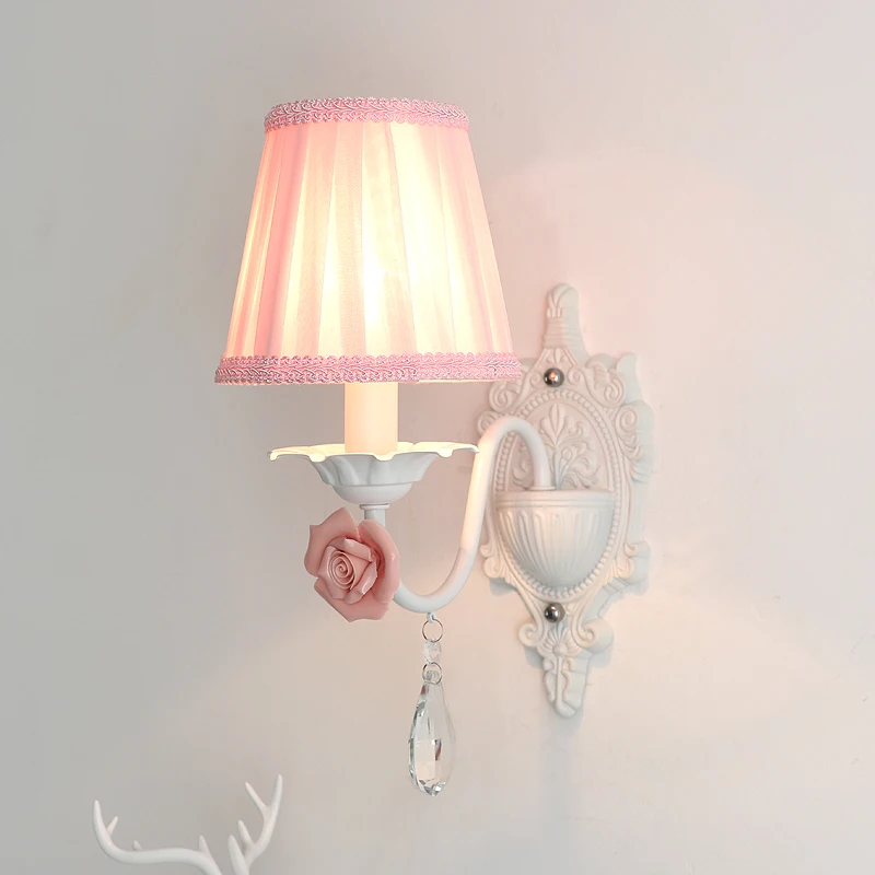 Ceramic rose Blue Pink Children Wall Lamp indoor LED lighting fo rBedroom kid's Princess Bar cloth lampshade crystal wall sconce