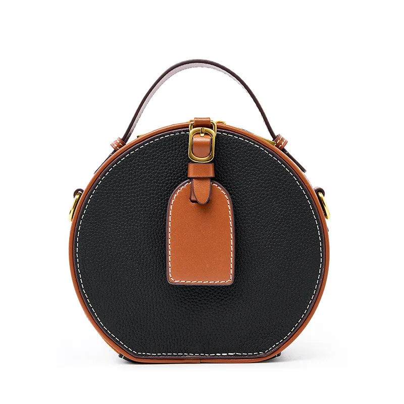 Genuine Leather 2023 Spring/Summer Versatile Top Layer Cowhide Contrast Litchi Pattern Handheld Shoulder Round Cake Women's Bag