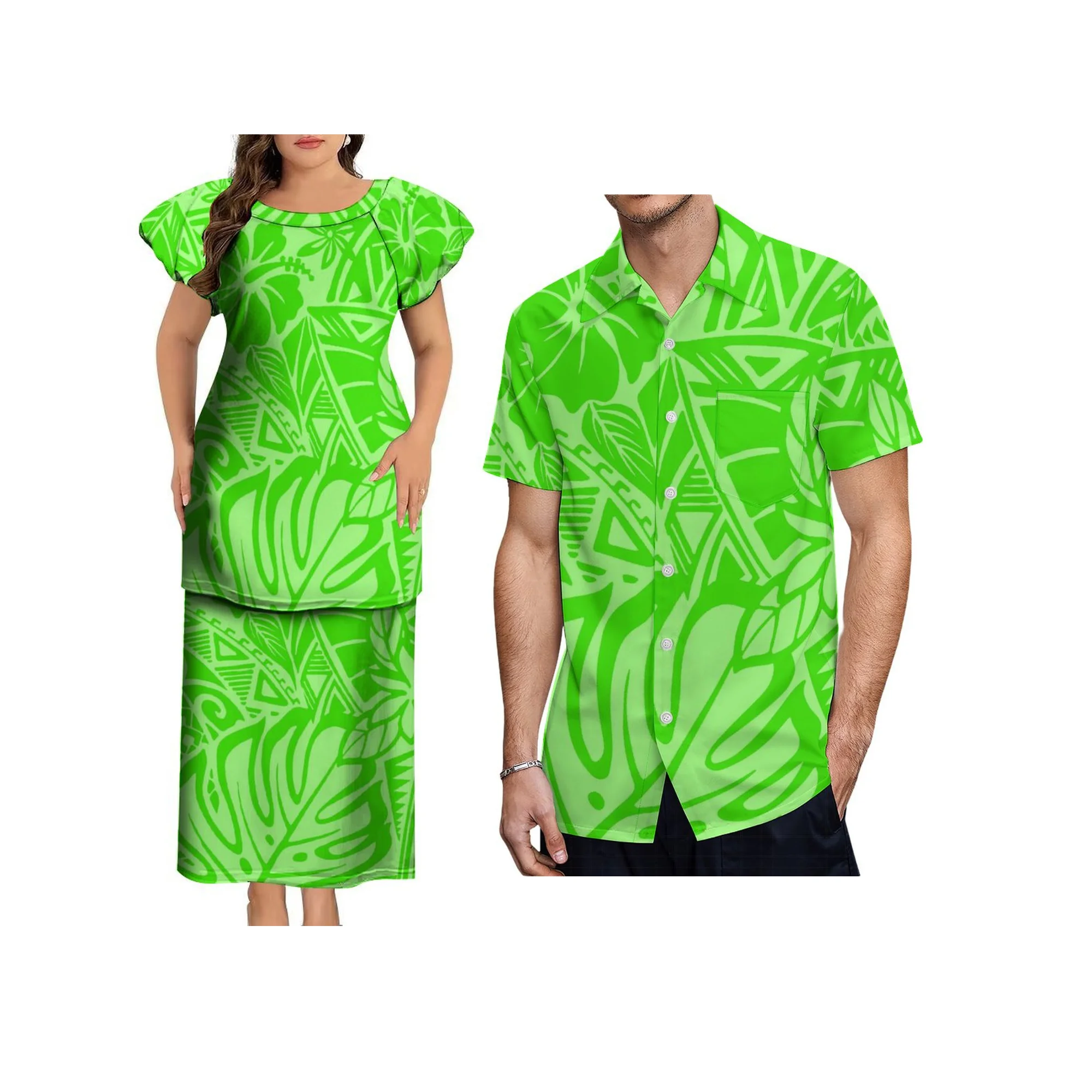 New Polynesian Print Design Puletasi Samoan  Dress Customized Women O Neck Puff Sleeve Casual Dress 2 Pcs