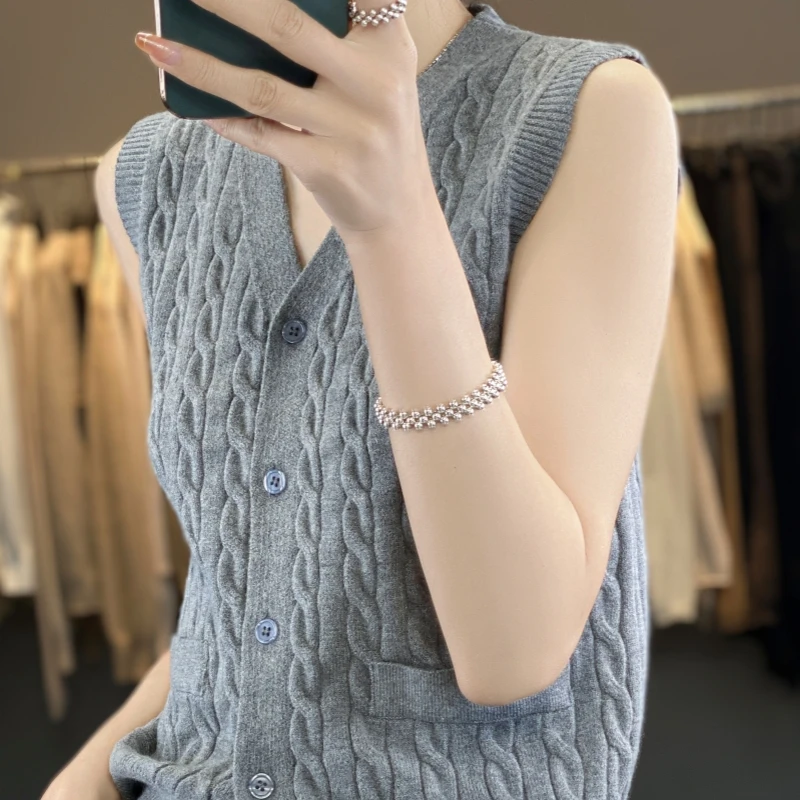 Womens Wool Cardigan Vest Spring Fashion Layering Piece Elegant Knitted V Neck Single Button Open Front Solid Color Twist Weave