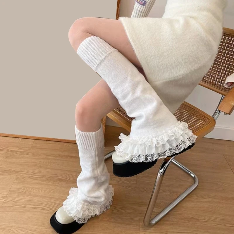 JK Layer Ruffled Lace Leg Warmers for Women Girls Knitted Foot Covers Streetwear