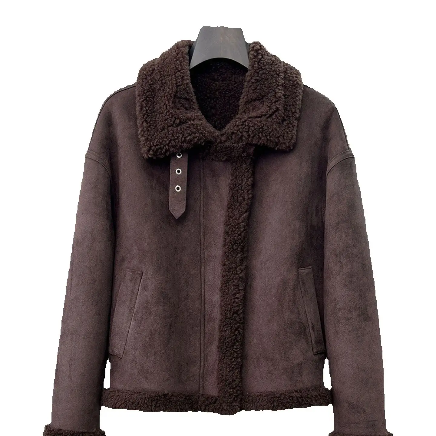 معطف فرو نسائي قصير وعصري من جلد الغنم للدراجات النارية