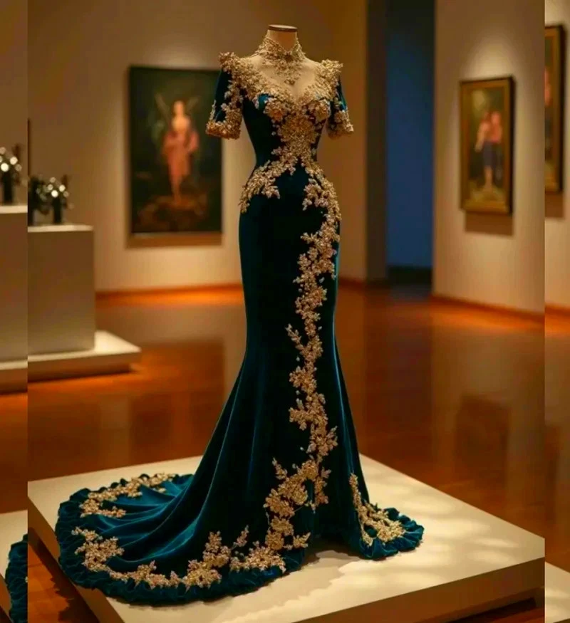 エレガントなベルベットマーメイドイブニングドレスゴールドレースアップリケ付きVネック半袖ロングシックなウエディングドレスフォーマルドレスカスタマイズ