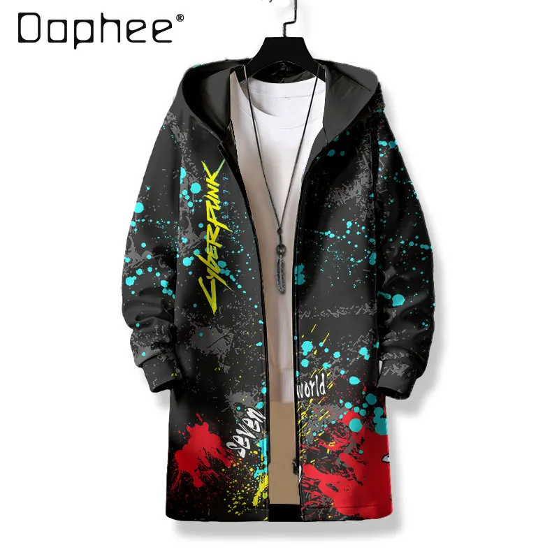 

Autumn Winter New Street Punk Style Men's Graffiti Print Hooded Jacket Black Velvet Thickened Loose Casual Jacket