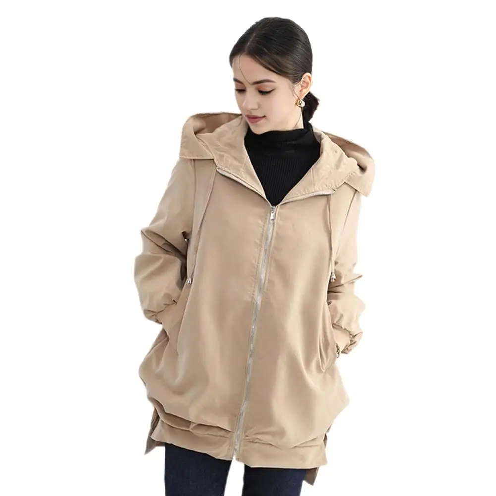 

Fall Spring Women Jacket Short Front Long Back Split Hem Hooded Drawstring Zipper Cardigan Windproof Outdoor Overcoat