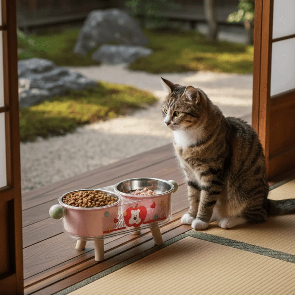 

Двойная миска для кошек из нержавеющей стали на подставке, с защитой от опрокидывания, для защиты шеи, нескользящая, с мультяшным рисунком, для кошек и собак