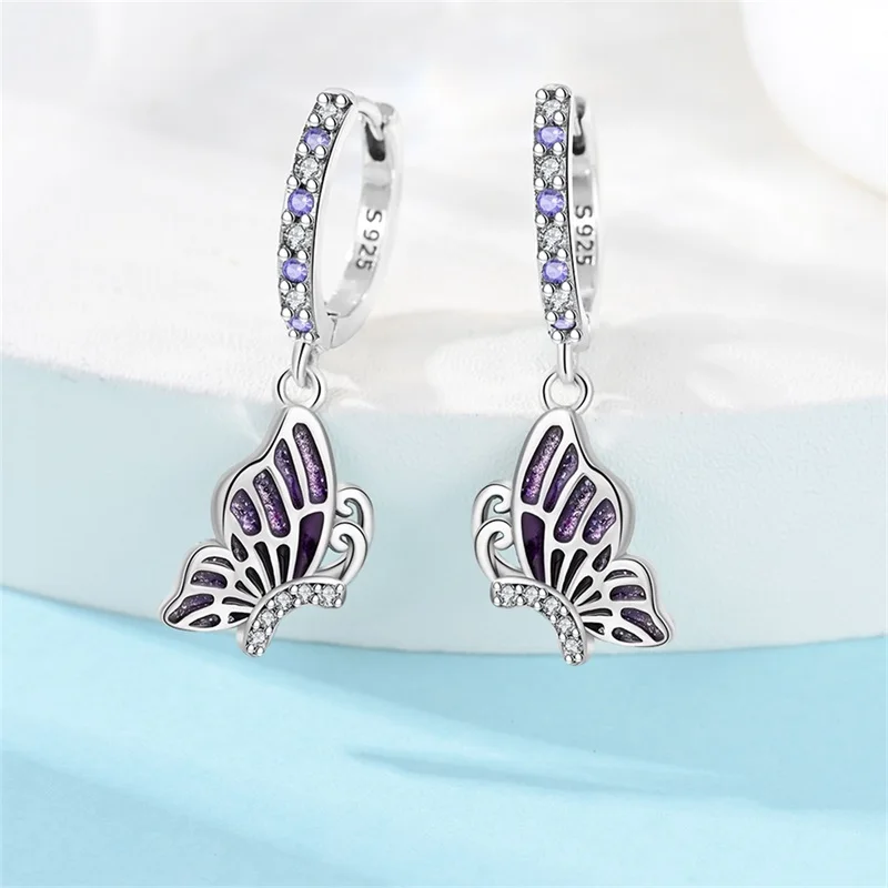 2026 New Earrings 925 Sterling Silver Gradient Purple Butterfly Earrings For Women Exquisite Birthday Anniversary Jewelry Gifts