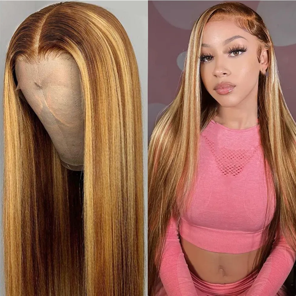 

36 In Glueless Bone Straight Wig Highlight 13x6 Lace Frontal Wigs Natural Hairline 4/27 Ombre Brown Blonde 100% Human Hair Wigs
