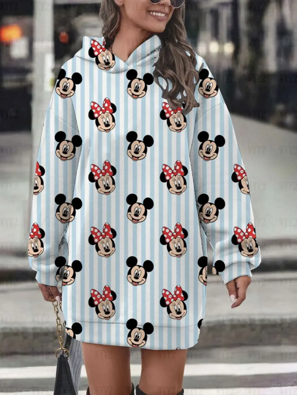 

Mickey Mouse Mickey Minnie Cartoon Pattern Print Elegant Gentle Hoodie Dress Girls Versatile Autumn and Winter New Style