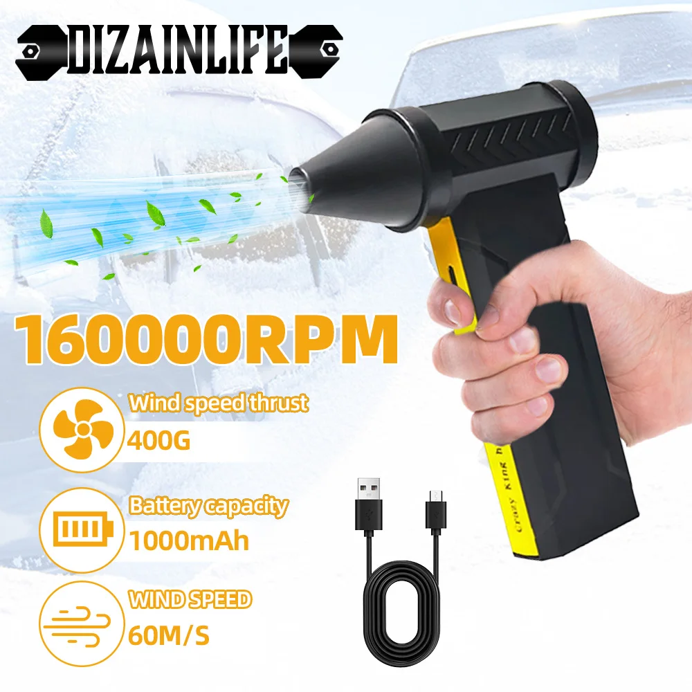 160000RPM Brushless Mini Air Blower Handheld Electric Air Duster Wind Speed 60m/s HighSpeed Turbo Violent Fan 1000mAh Battery