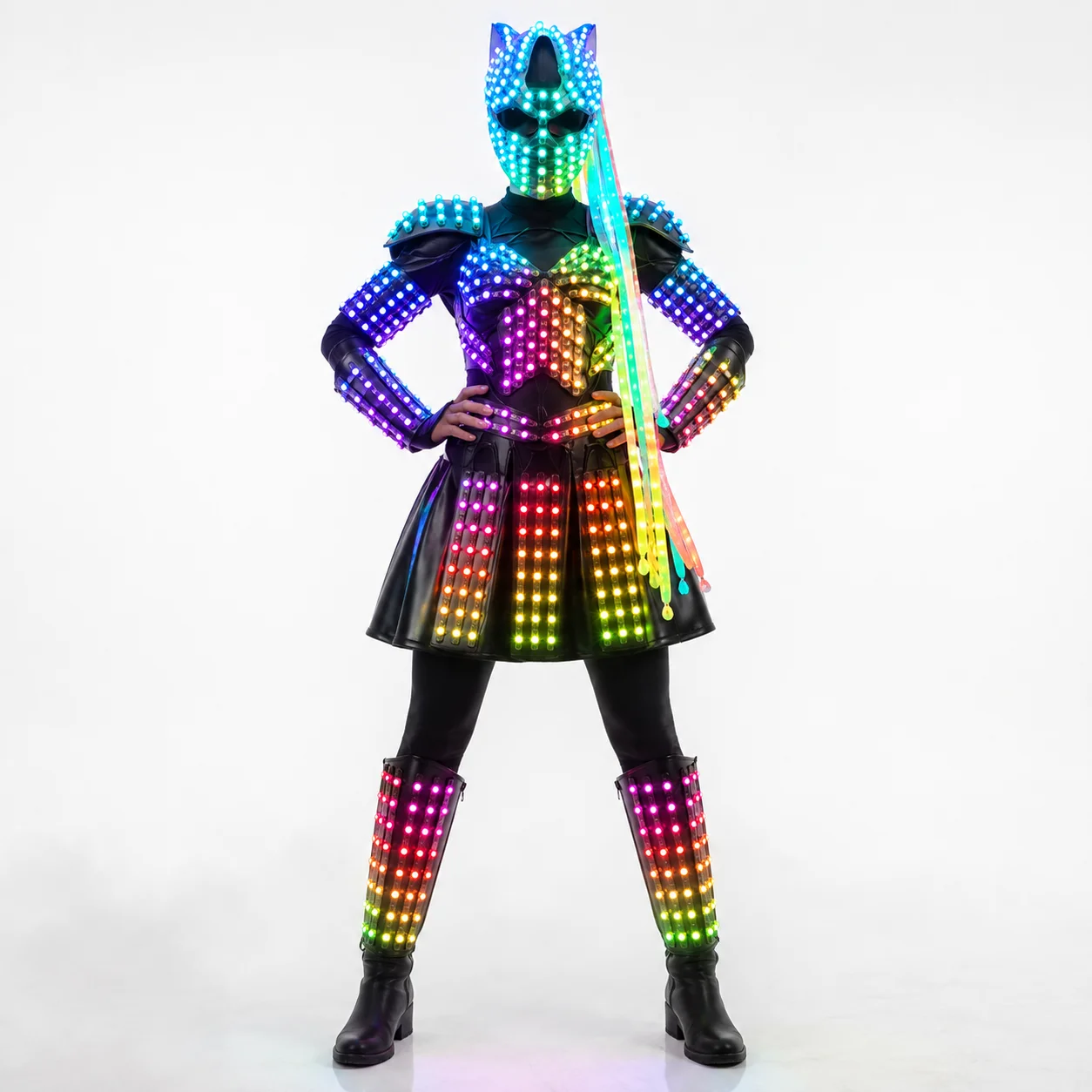 RGB LED Light-Up Warrior Armor Costume for Women with Helmet, Futuristic Robot Outfit for Nightclub DJ Stage Show Festival and C