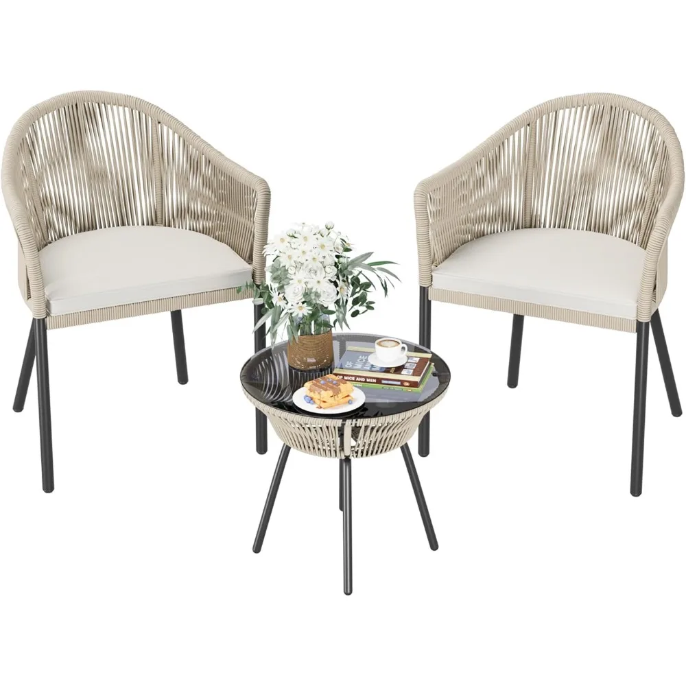

Patio Furniture Set 3 Pieces Rope Woven Bistro Set Outdoor Conversation Set with 2 Wide Chairs,Cushions and Tempered Glass Tabl