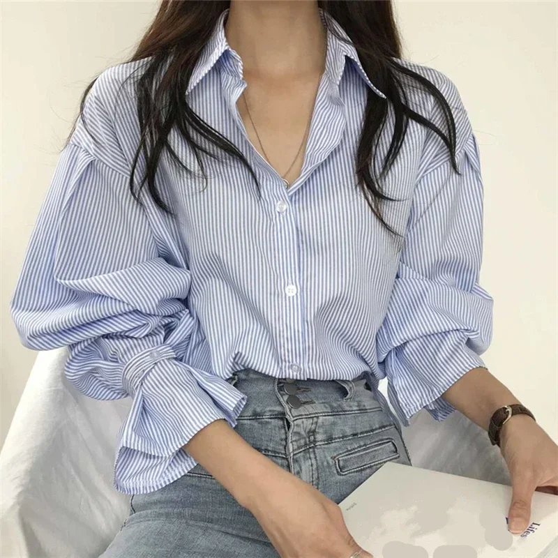 Seoulish Vintage Striped Women\'s Shirts Autumn Elagant Lantern Long Sleeve Turndown Collar Single Breasted Women\'s Blouses Tops