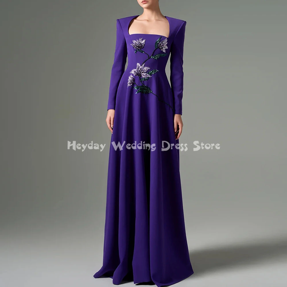 

Heyday Customized Women's Square-neck A Line Beaded Luxury Evening Dresses With Long Sleeves Floor-Length Elegant Dresses 2025