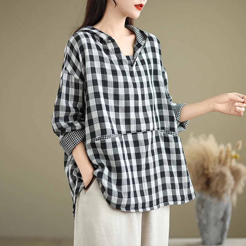 Loose Fit Plaid Cotton Linen Artistic irt Damen Plus Size T-Shirt Schlankheitsoberteil Doppellagige Baumwolle Tead Long Sve