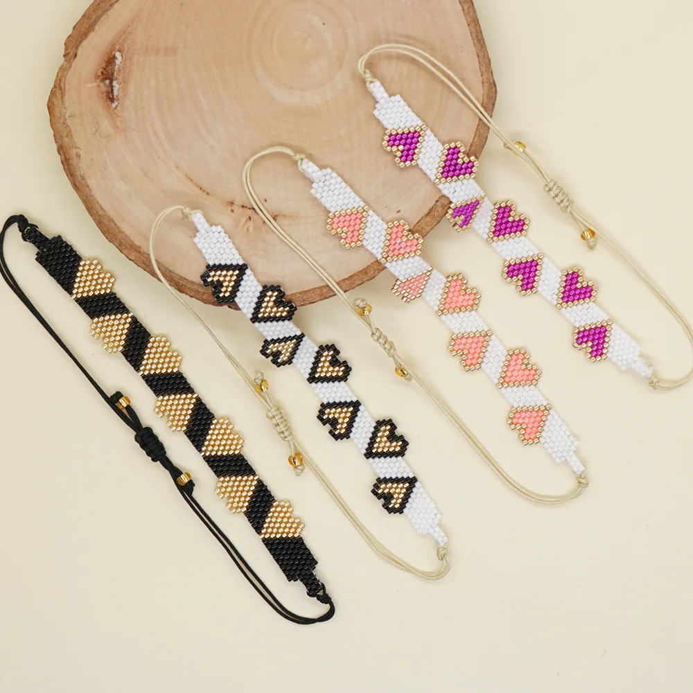 

Браслет из рисовых бусин в богемном стиле, регулируемая форма сердца, смешивание цветов, ручная работа, индивидуальный популярный браслет из бисера в стиле ретро для творчества