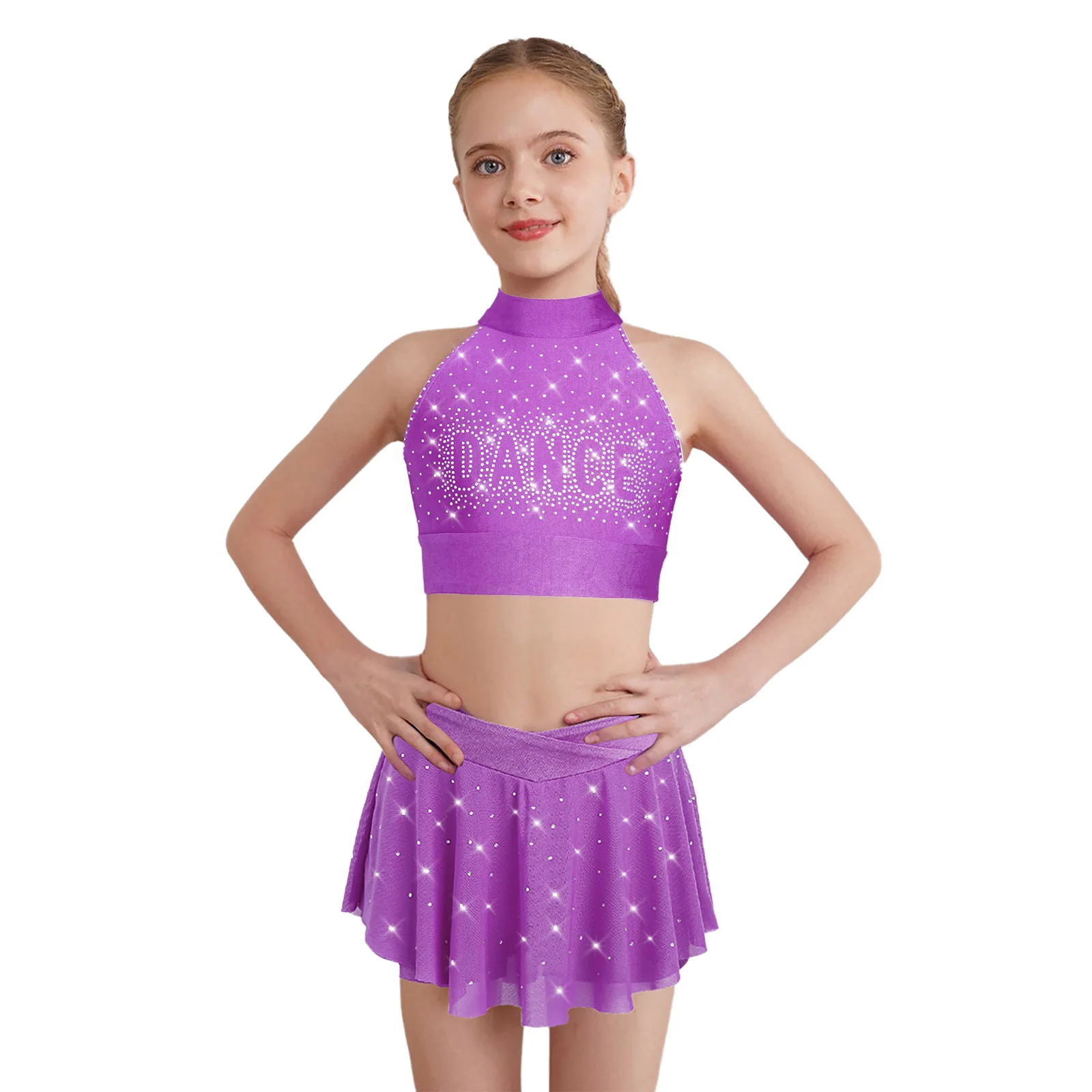 

Kids Girls Sequins Cheering Dance Crop Top with Sheer Mesh Mini Skirt for Competition Cheerleading Dance Performance Outfits