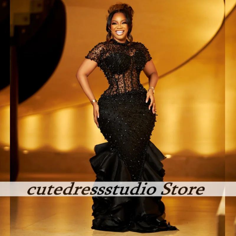 Exquisite schwarze Perlen Rüschen Abendkleider afrikanische lange Meerjungfrau Hochzeit Party Kleid Prom Kleider für Frauen Luxus angepasst