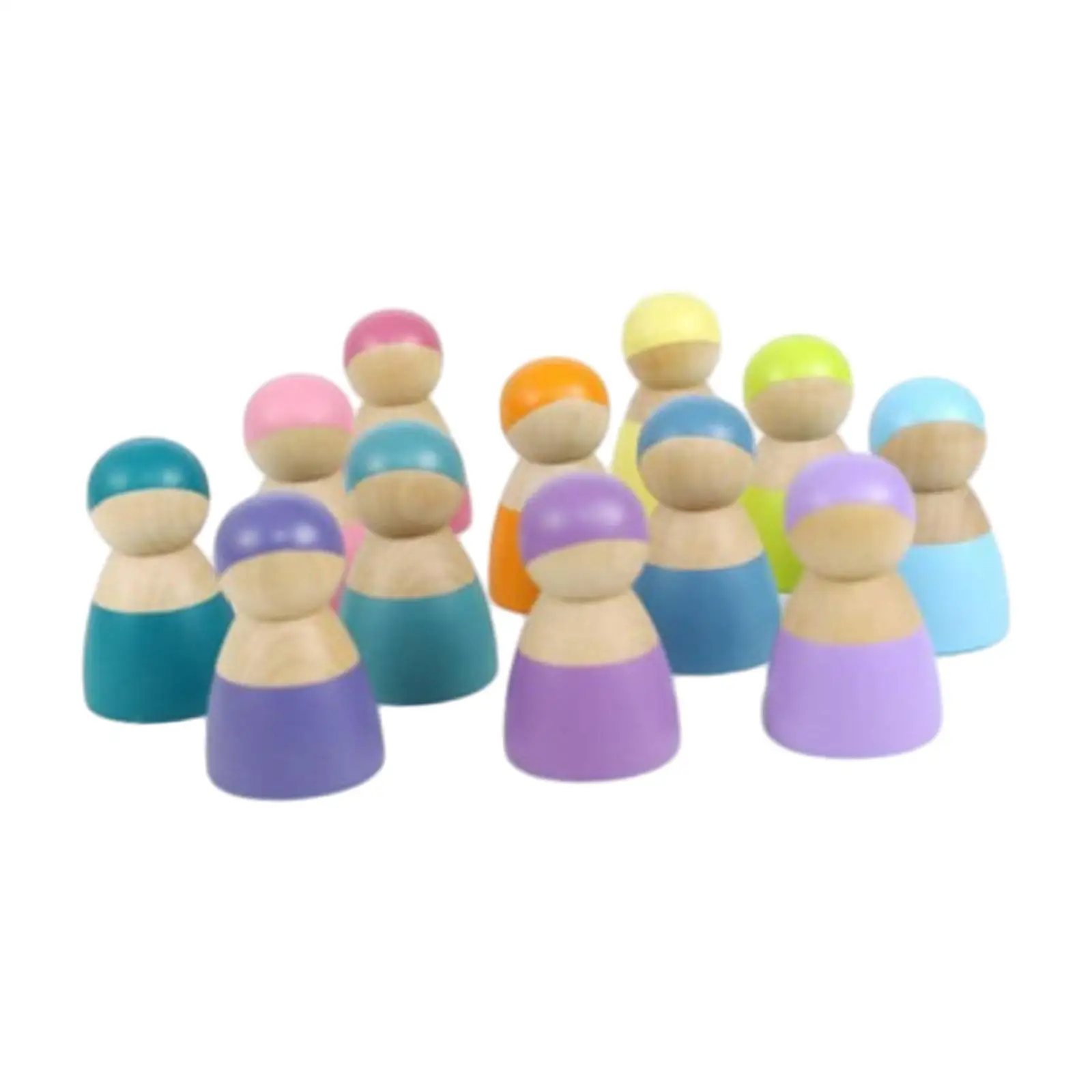 12Pcs Rainbow Wood Peg Dolls Pretend Play People for House Wardrobes Carpet Puzzles Rainbow Building Blocks Holiday Present