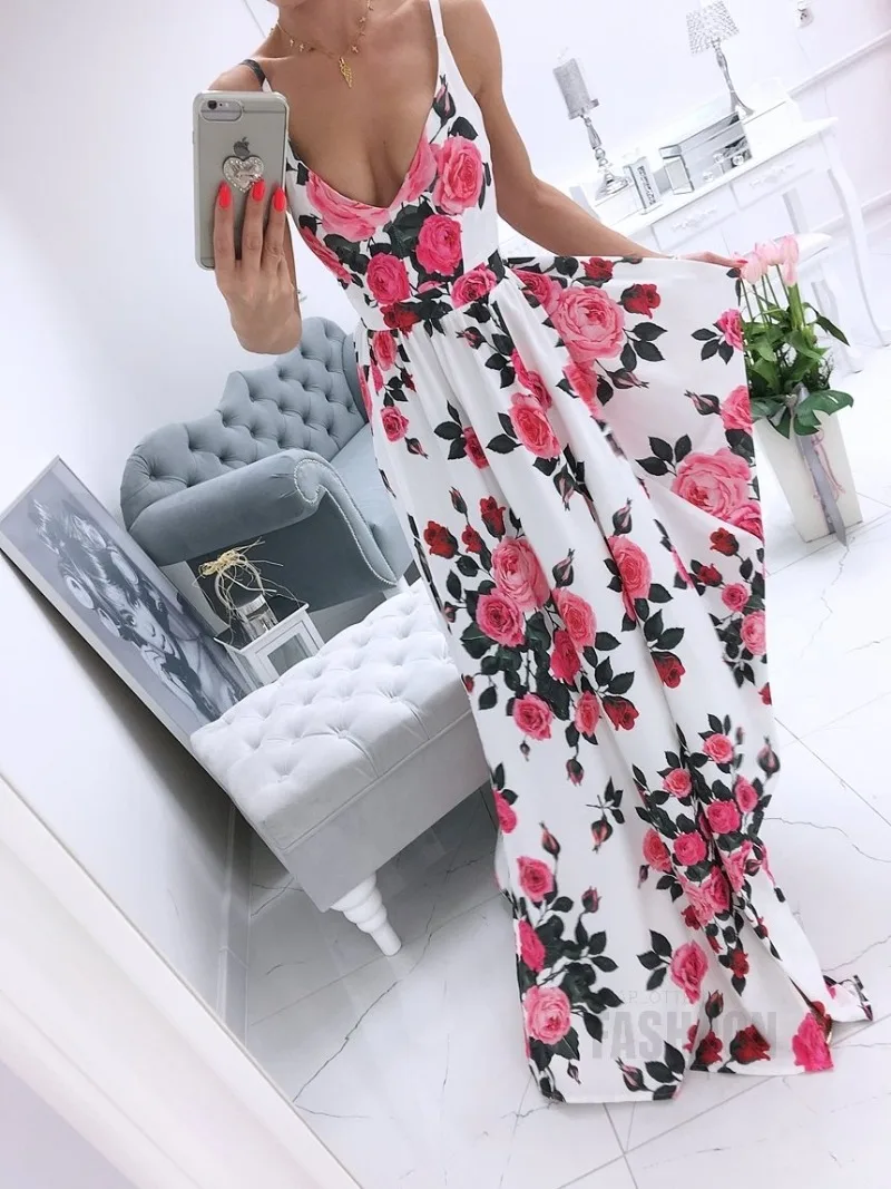 

Women's New Summer V-neck Dress Sexy Printed Floor Mopping Dress Fashionable Vacation Style Casual Commuting Versatile Style