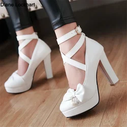 Spring Autumn New Woman Pumps Cross-tied Ankle Strap White Pink Wedding Party Shoes Platform Dress High Heels Bow Ladies 32-43