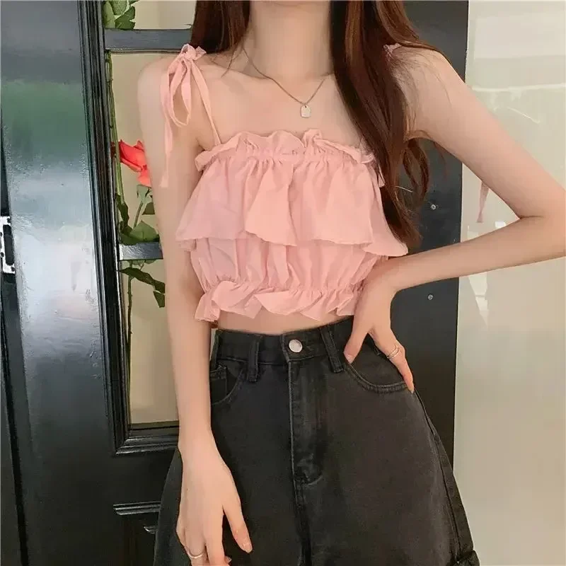 Women Summer Crop Camisoles 2024 Low-Cut Sling Plain Ruffle Ruched Short Tops Ladies Shoulder Straps Tie Slim Navel Vest