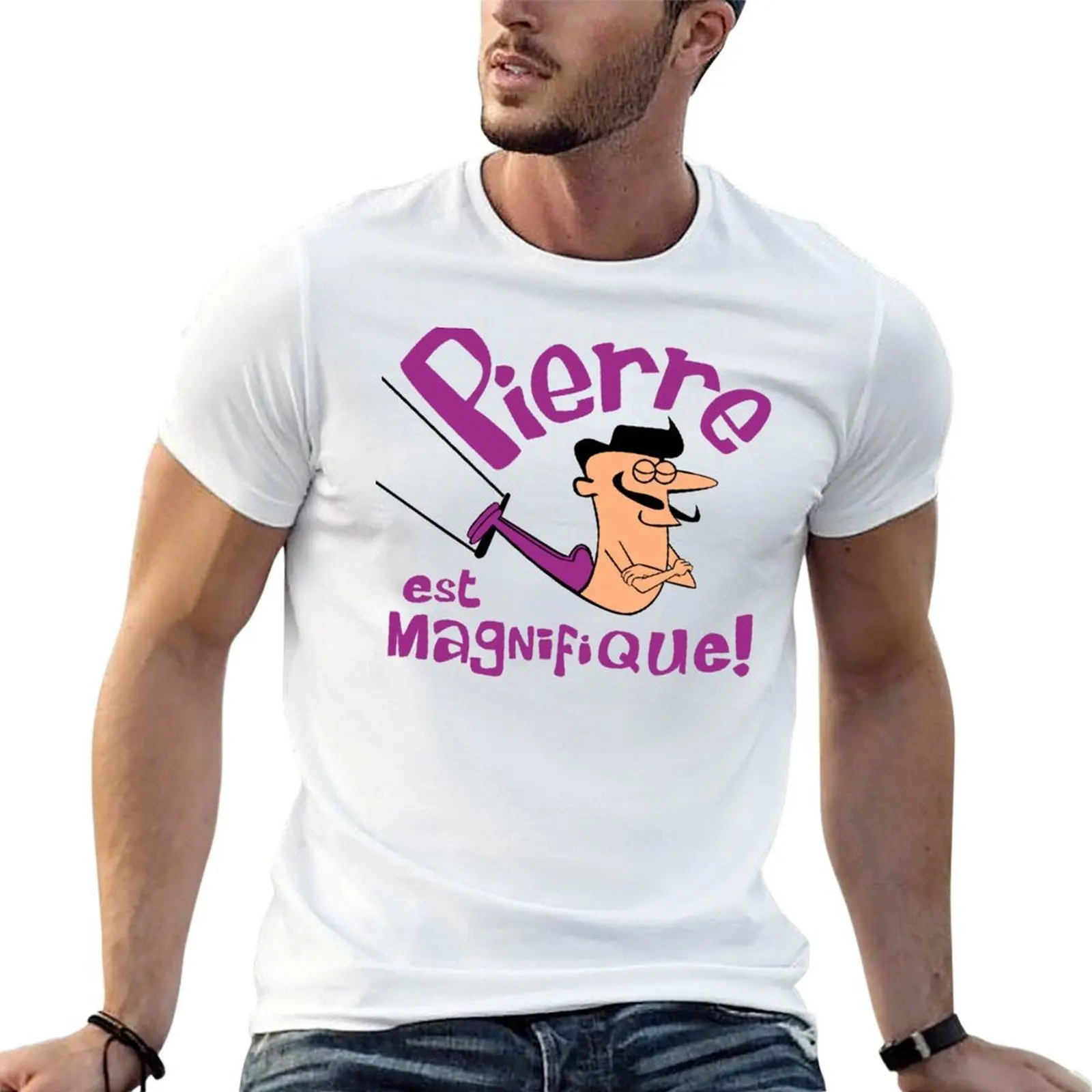 Pierre est Magnifique - cartoon drawing of trapeze artist with handsome mustache T-Shirt