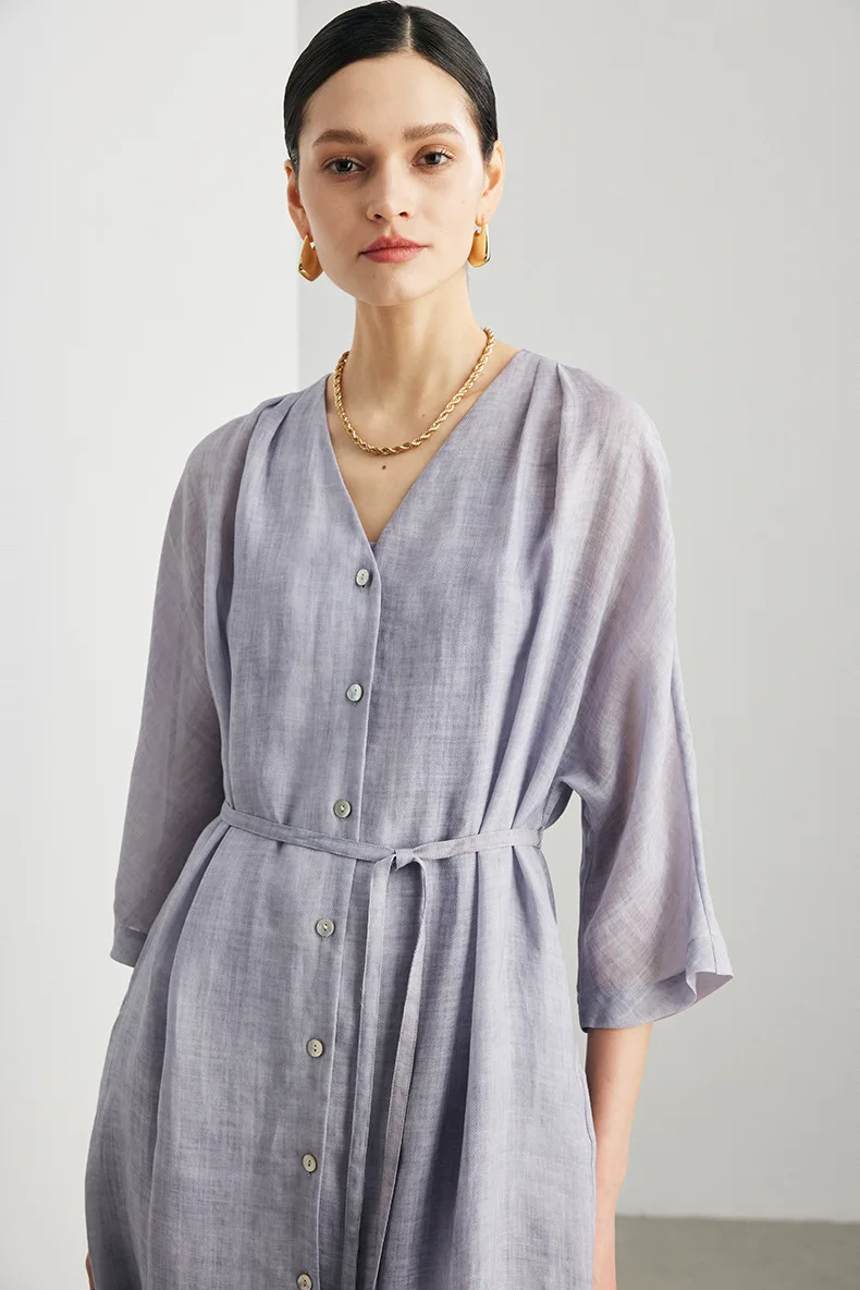 BirdTree-100%Ramie Elegant Dress, V Neck Half Sleeve Solid, Women Vintage Loose Sheer 2 Piece Dress, 2026 Summer New D63059CC