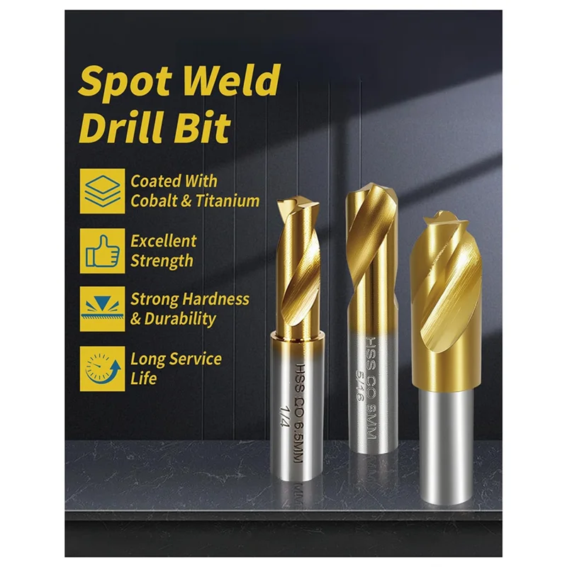 FYBL-Punkt-Schweißschneider-Sets, doppelseitig, 13-teilig, 3/8 Zoll und 5/16 Zoll HSS, titanbeschichtetes Kobalt-Punktschweißbohrer-Set, 6,5 mm, 8 mm, 1