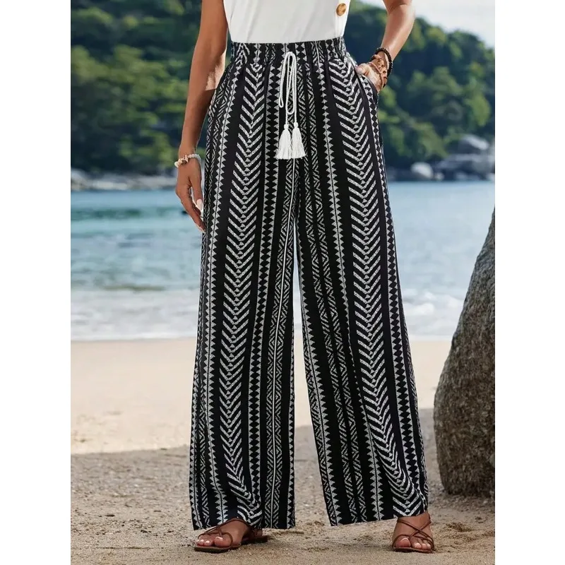 

Большие размеры 1XL-5XL, новые женские повседневные и простые широкие брюки в полоску с принтом, женские повседневные брюки на шнуровке