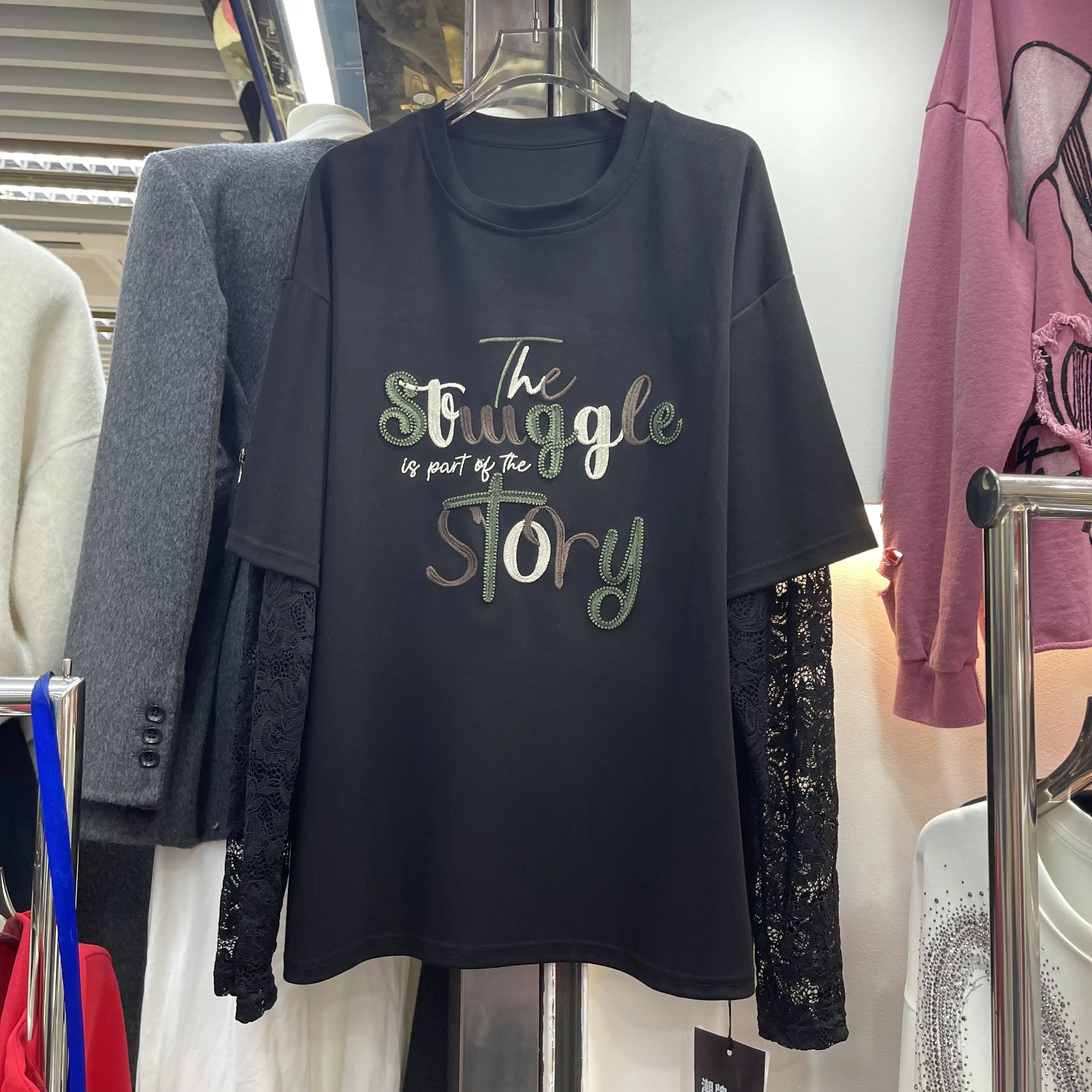 2026 New Autumn Hollow Out Lace Splicing Faux Two-piece Long Sleeve Women T-shirt Embroidery Letters Round Neck Pullover Top