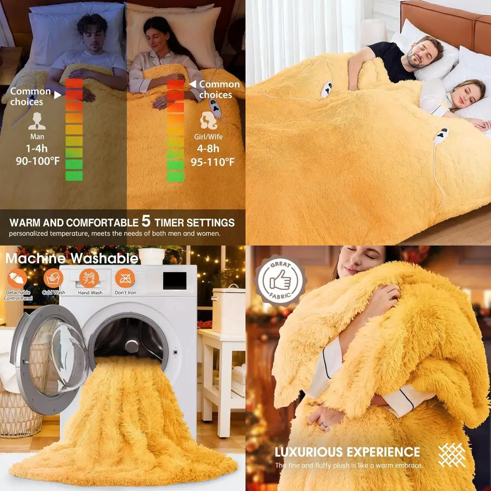 

Queen Size Faux Fur Electric Blanket with Sherpa Lining - Dual Controls, 10 Heat & 5 Timer Settings, 84x90, Beige