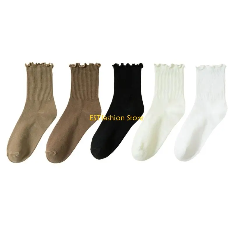 

Y5GC 5 Pairs Ribbed Knitted Ruffle Socks for Women and Girls Elastic Cuffs Casual Frilly Dress Socks Comfort Footwear