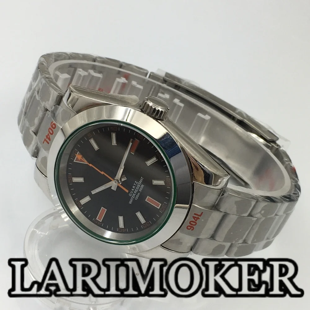 LARIMOKER 36mm/39mm Ronda515-12h Polished Men's Quartz Watch Green Sapphire Glass Black White Dial Lightning Hand Steel Bracelet