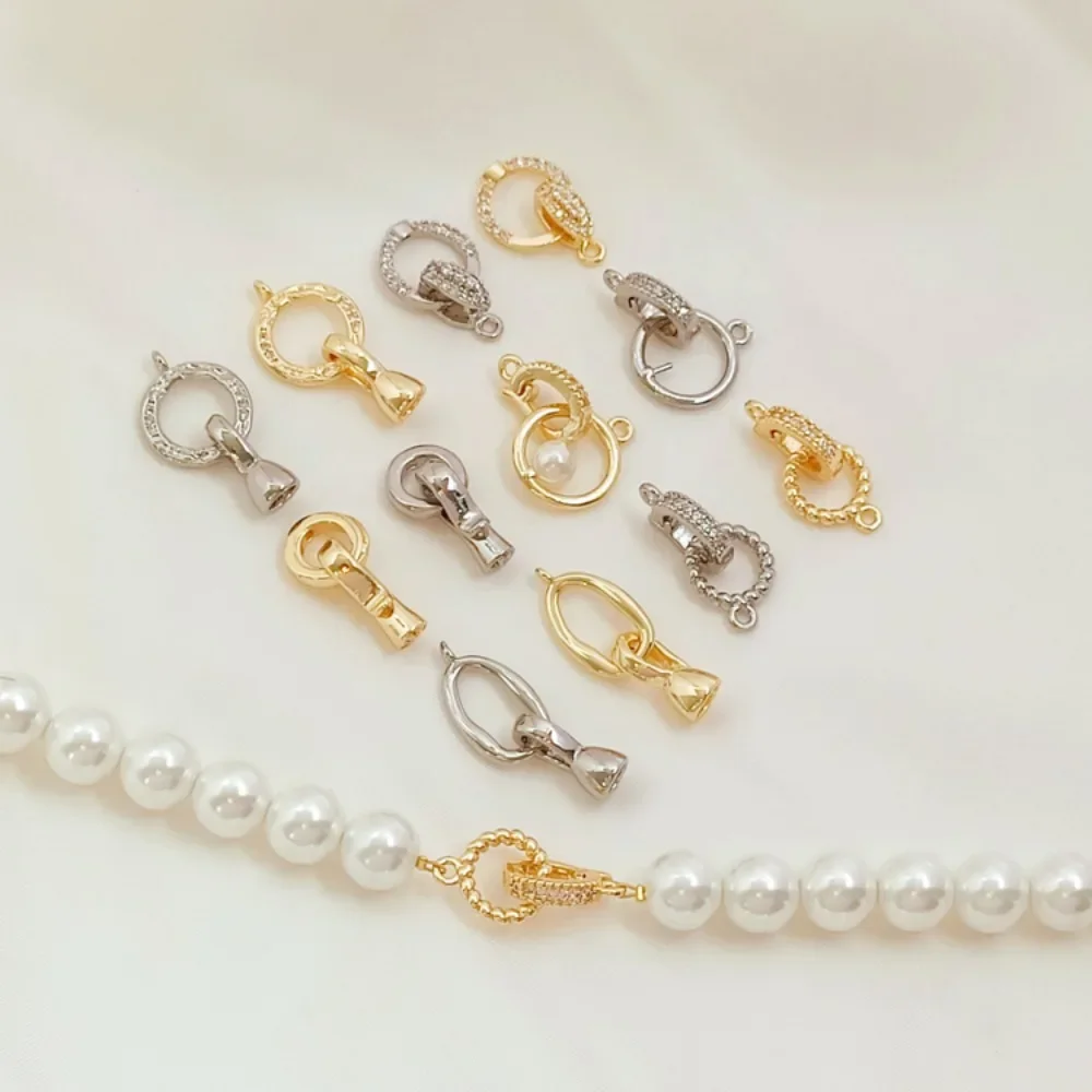 

14K Gold-plated White K Inlaid Zirconium Twisted Round Irregular Fishhook-shaped End Buckle, DIY Pearl Buckle